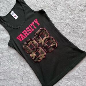 Vintage Y2K Varsity Camo Fuzzy Sporty Ribbed Girly Tank Top Green Pink